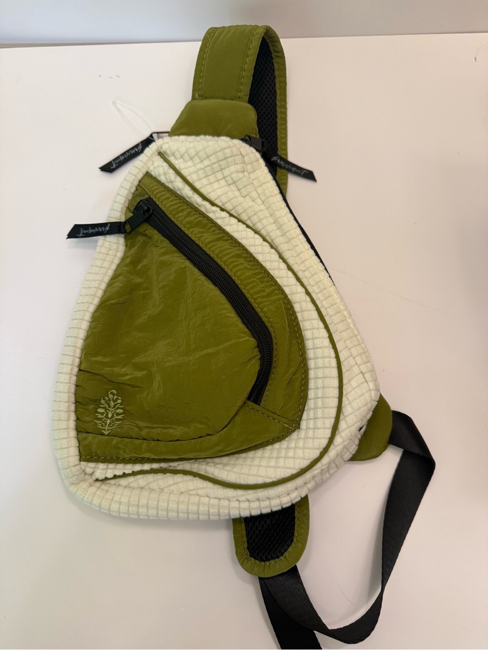 NWOT Free People - FP Movement Cold Shoulder Sling Bag Green Ivory Black